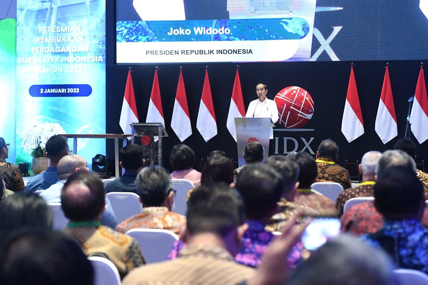Presiden Joko Widodo meresmikan pembukaan perdagangan Bursa Efek Indonesia (BEI) Tahun 2023 di Gedung Bursa Efek Indonesia, Jakarta, Senin (02/01/2023) (Foto: BPMI Setpres)