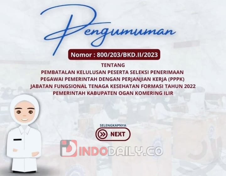 Pengumuman Nomor : 800/203/BKD.II/2023 Tentang pembatalan kelulusan P3K Tenaga Kesehatan Formasi Tahun 2022