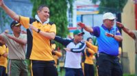 Pimpinan Forum Koordinasi Pimpinan Daerah Kabupaten Muba bersama Pj Sekretaris Daerah Muba melaksanakan senam bersama, Jumat (24/2/2023) di halaman Mapolres Muba