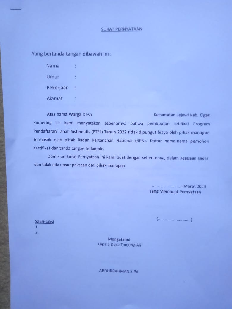 Surat pernyataan program Pendaftaran Tanah Sistematis Lengkap (PTSL)