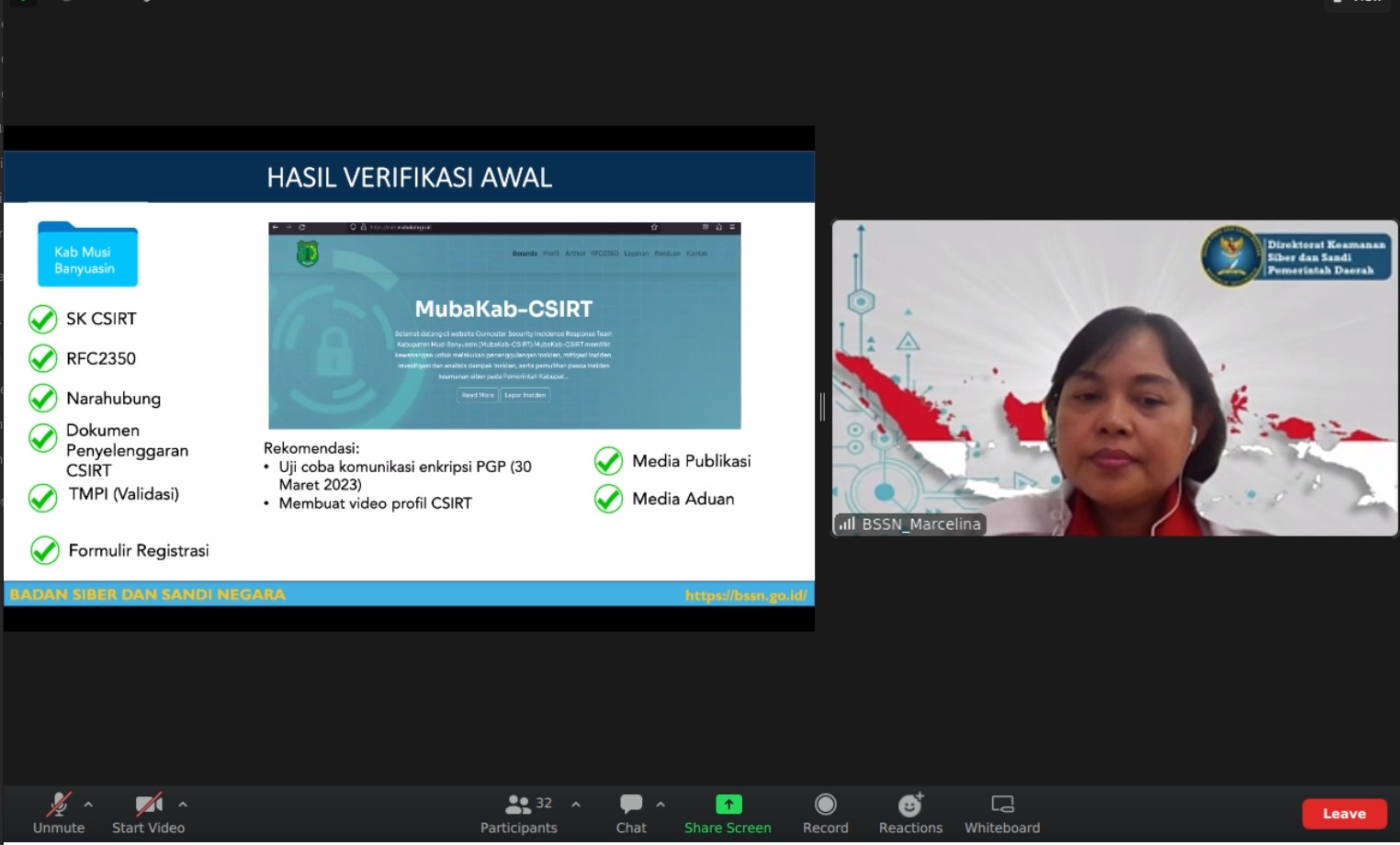 Diskominfo Musi Banyuasin saat mengikuti rapat Koordinasi Awal Persiapan Pembentukan CSIRT Kabupaten/ Kota di Provinsi Sumatera Selatan Tahun 2023, di ruang virtual room Dinkominfo Muba, Selasa (28/3/2023)