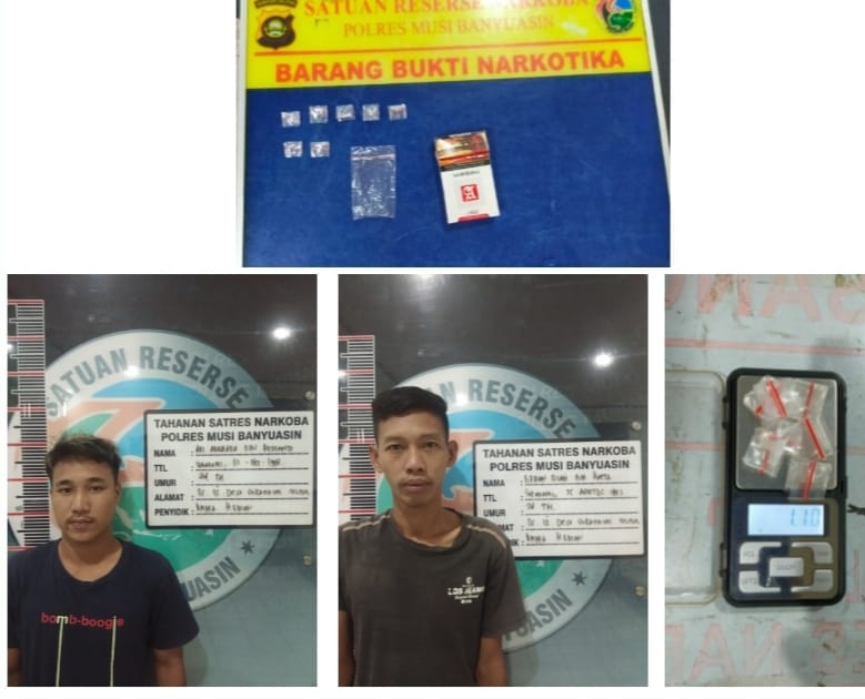 Para pelaku pengedar narkoba berikut barang bukti saat diamankan Satresnarkoba Polres Musi Banyuasin